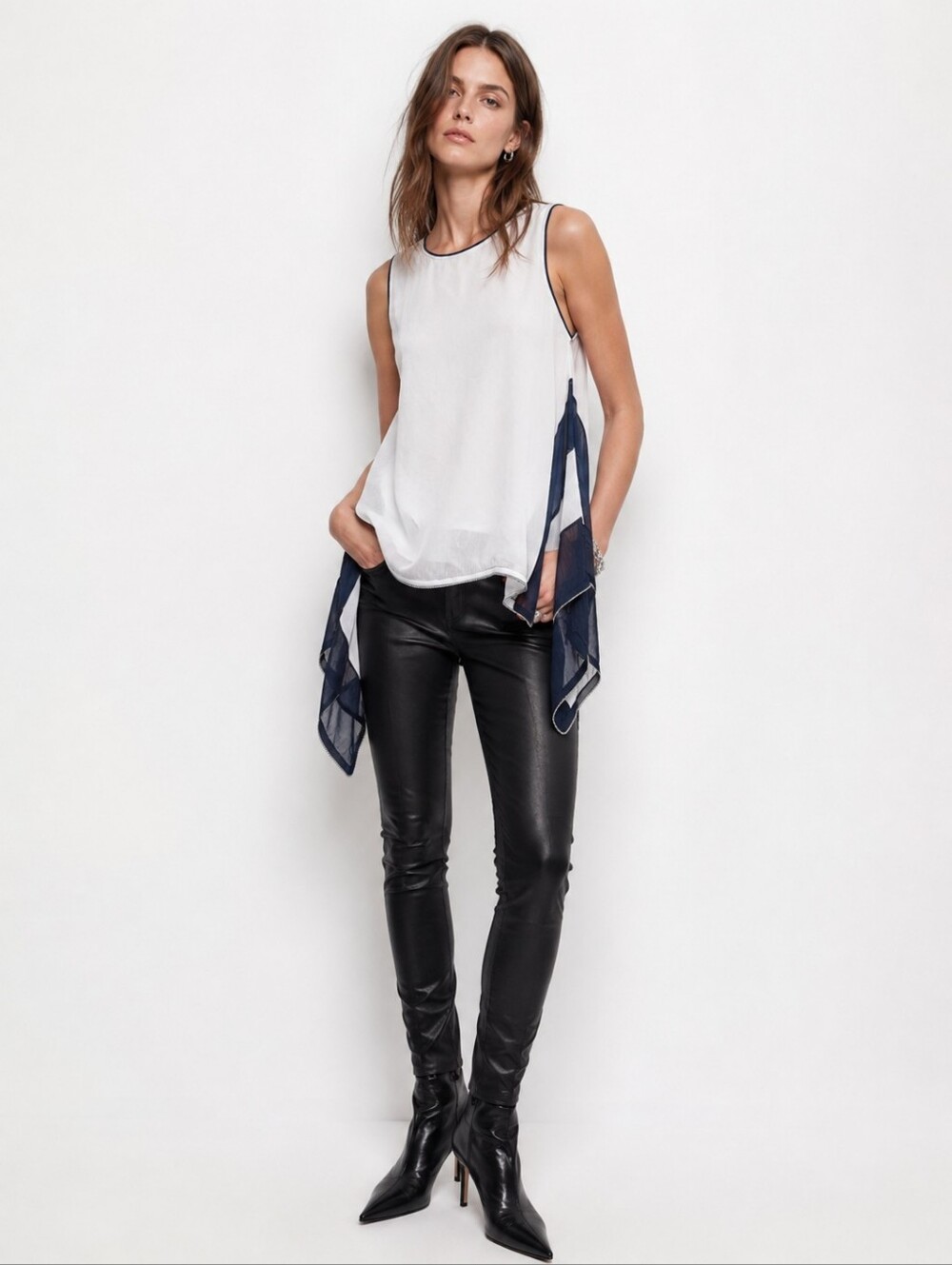 Diesel White & Navy Sheer Handkerchief Hem Sleeveless Blouse Size M